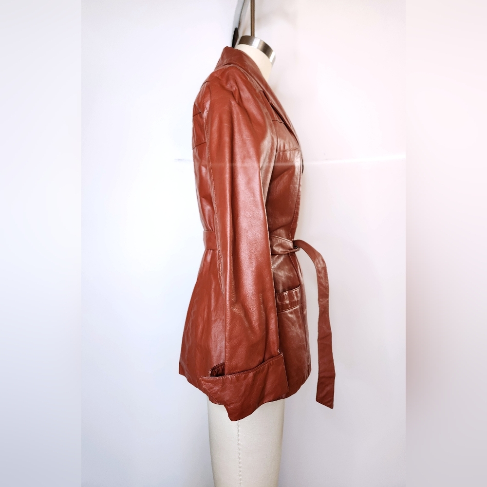 70s Brown Leather Coat Jacket Trench Coat Jacket Belted Quilted Lining XXS XS - Picture 8 of 12